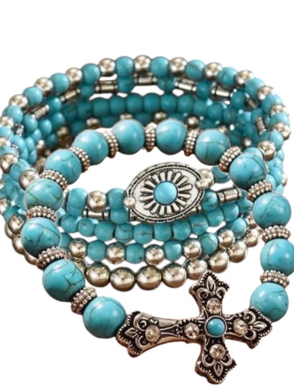 BOUTIQUE Turquoise Stack Beaded Bracelets w/Cross Charm - NWT